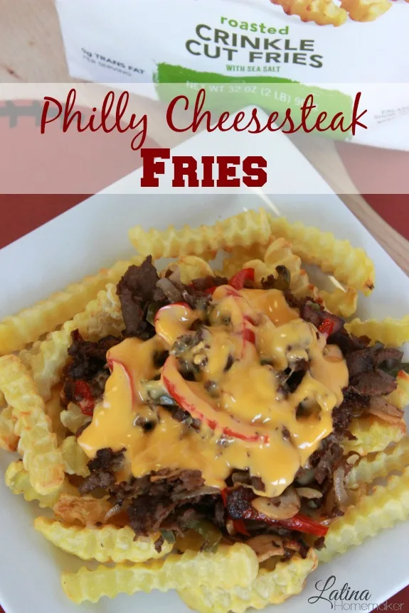Philly Cheesesteak Fries. Baked french fries topped off with steak, onions, peppers, mushrooms and melted cheddar cheese sauce for the perfect game time grub.