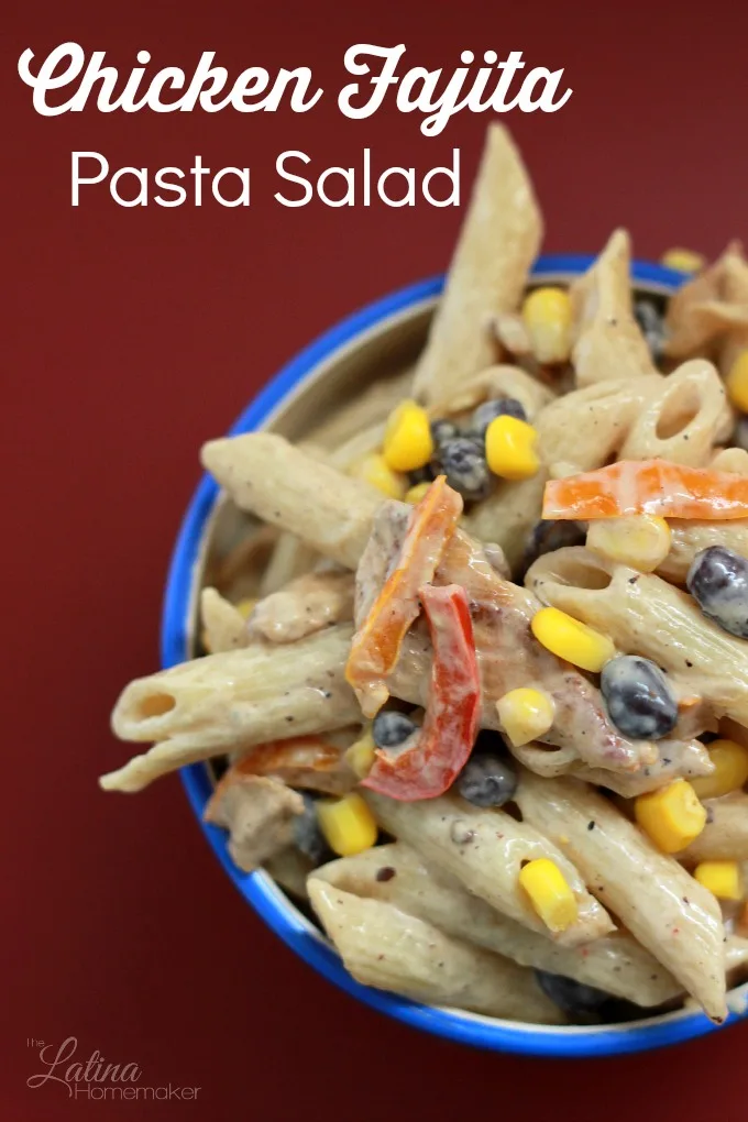 Chicken Fajita Pasta Salad. Delicious and easy to make, this pasta salad combines all of the ingredients of a chicken fajita. This is a great side dish addition to any family meal!
