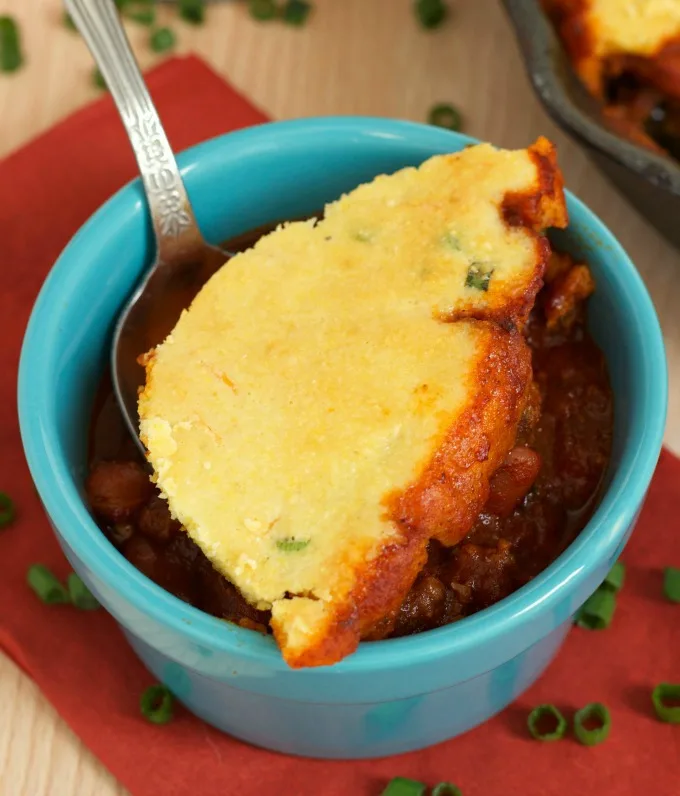 Chili and Cornbread Bake-This dish is hearty, full of flavor and perfect for family meals. An easy to make recipe that is also satisfying.