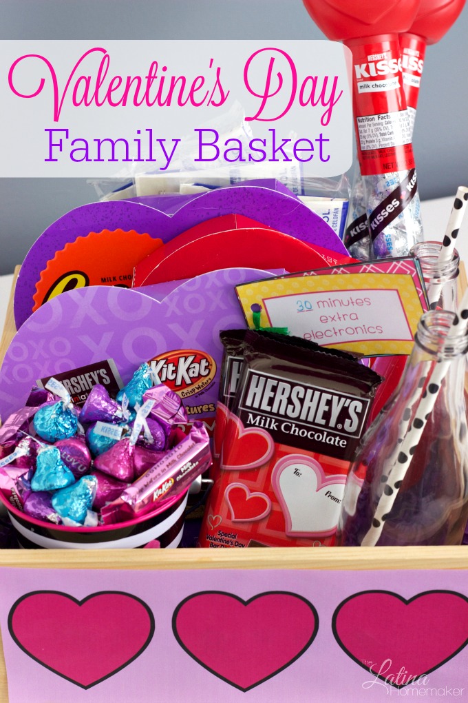Valentine's Day Family Basket~Fun and simple ideas to help you create an inexpensive family basket for Valentine's Day! Includes FREE printable reward coupons and easy recipe!