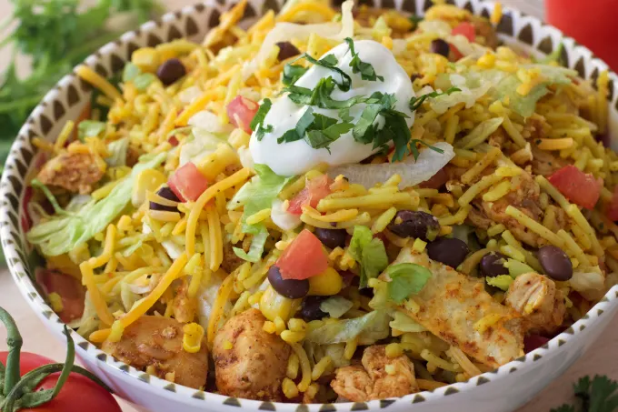 Chicken and Rice Taco Salad recipe. A super easy dinner idea that doesn't require a lot of time nor effort!