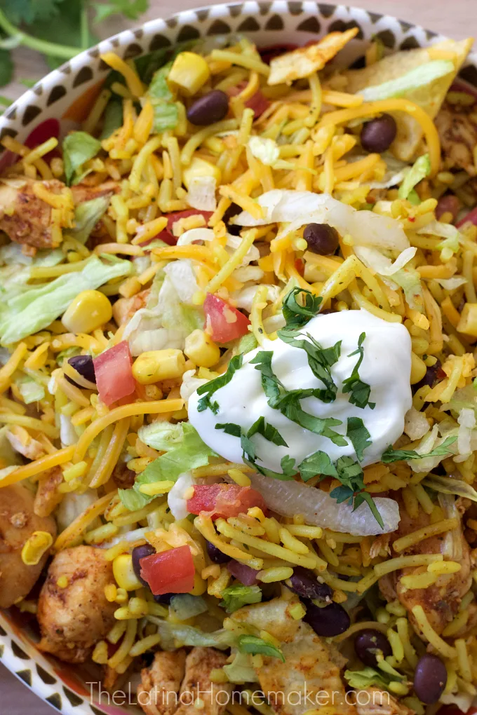 Chicken and Rice Taco Salad recipe. A super easy dinner idea that doesn't require a lot of time nor effort!
