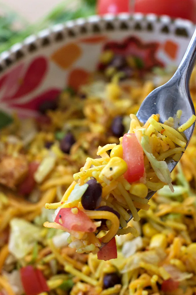 Chicken and Rice Taco Salad recipe. A super easy dinner idea that doesn't require a lot of time nor effort!