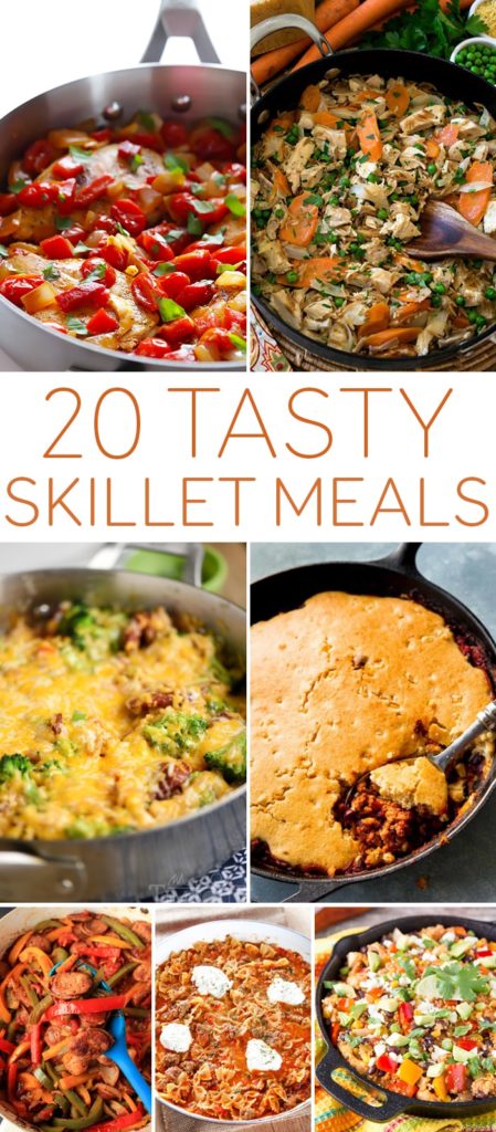 20 Tasty Skillet Meals. A round-up of 20 Tasty Skillet Meals to help you plan your weeknight meals. These hearty dishes are sure to be a hit with your loved ones and will make clean-up a cinch.