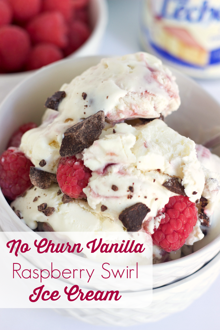 No Churn Vanilla Raspberry Swirl Ice Cream. A creamy vanilla ice cream with raspberry swirls and dark chocolate chunks.
